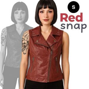 Red Snap Womens Faux Leather Studded Lapel Collar Zip-Up Vest Burgundy Red Small